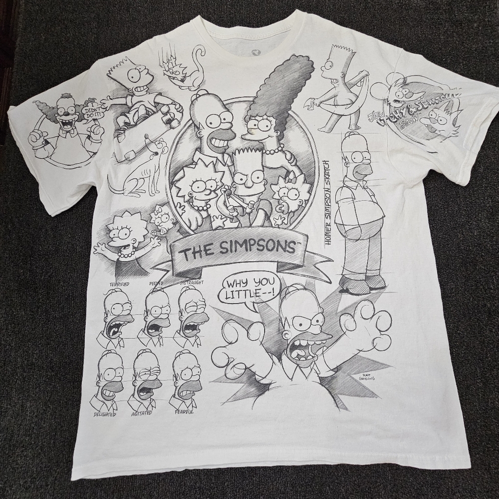Vintage The Simpsons Black Pencil Sketch Drawing Print AOP Tee - White Men's XL